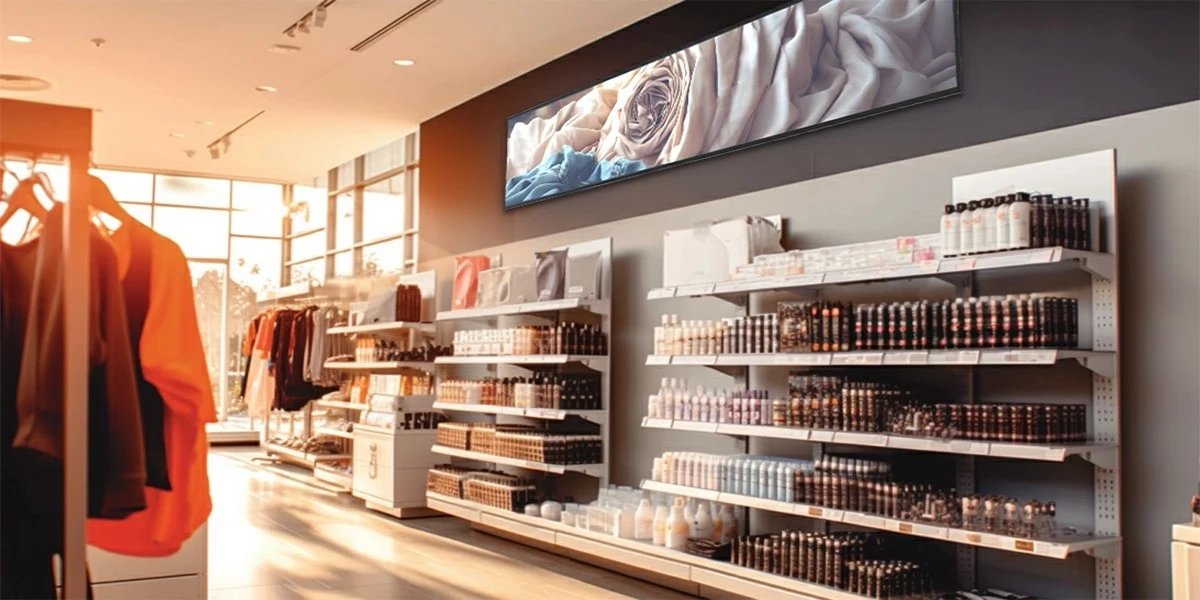 The bar type LCD display used in brand stores enhances the overall image The bar type LCD display used in brand stores enhances the overall image